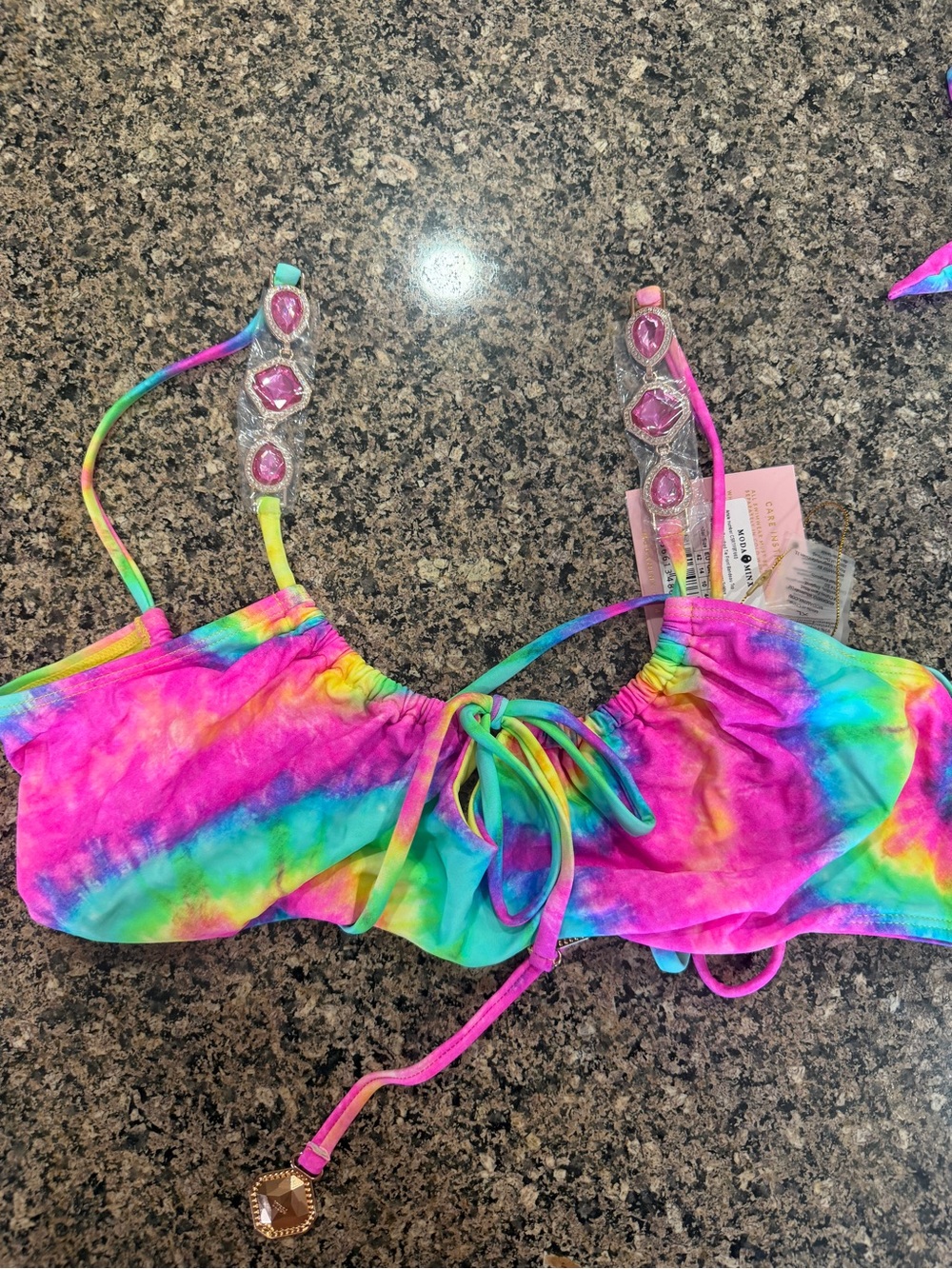 Moda Minx Tie Front Bandeau Bikini Top NWT Size XL Rainbow Tie Dye